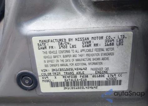 2005 Nissan Sentra 1.8S from USA, damaged, VIN 3N1CB51D25L454642